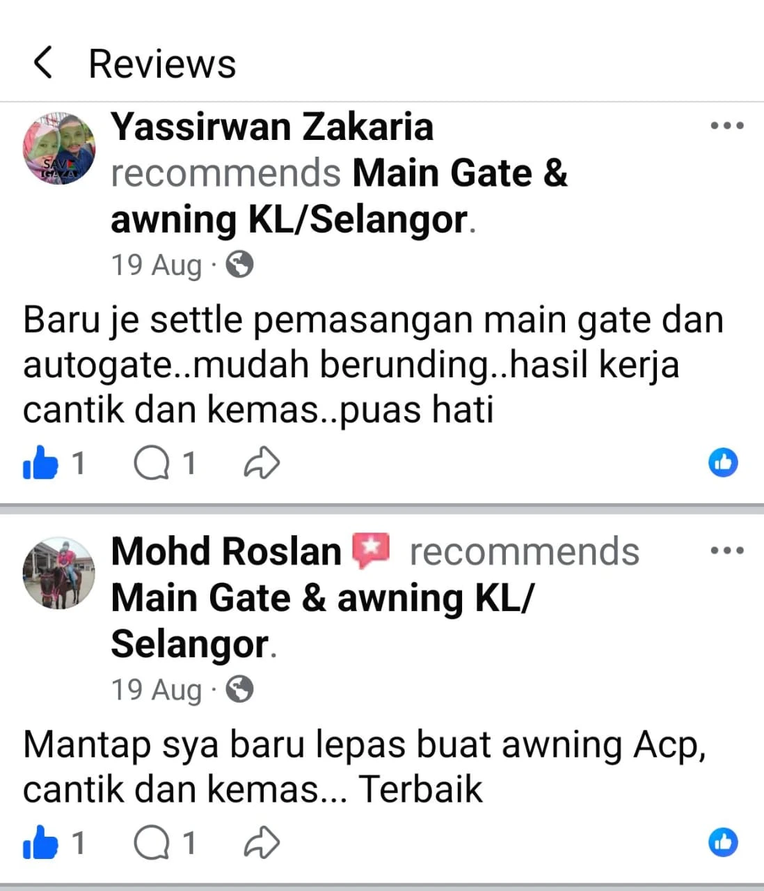 Ulasan pelanggan sebenar untuk autogate dan awning