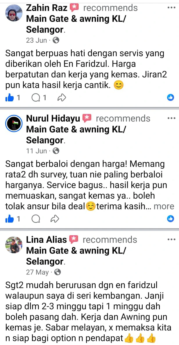 Ulasan tambahan pelanggan sebenar untuk pemasangan gate dan awning