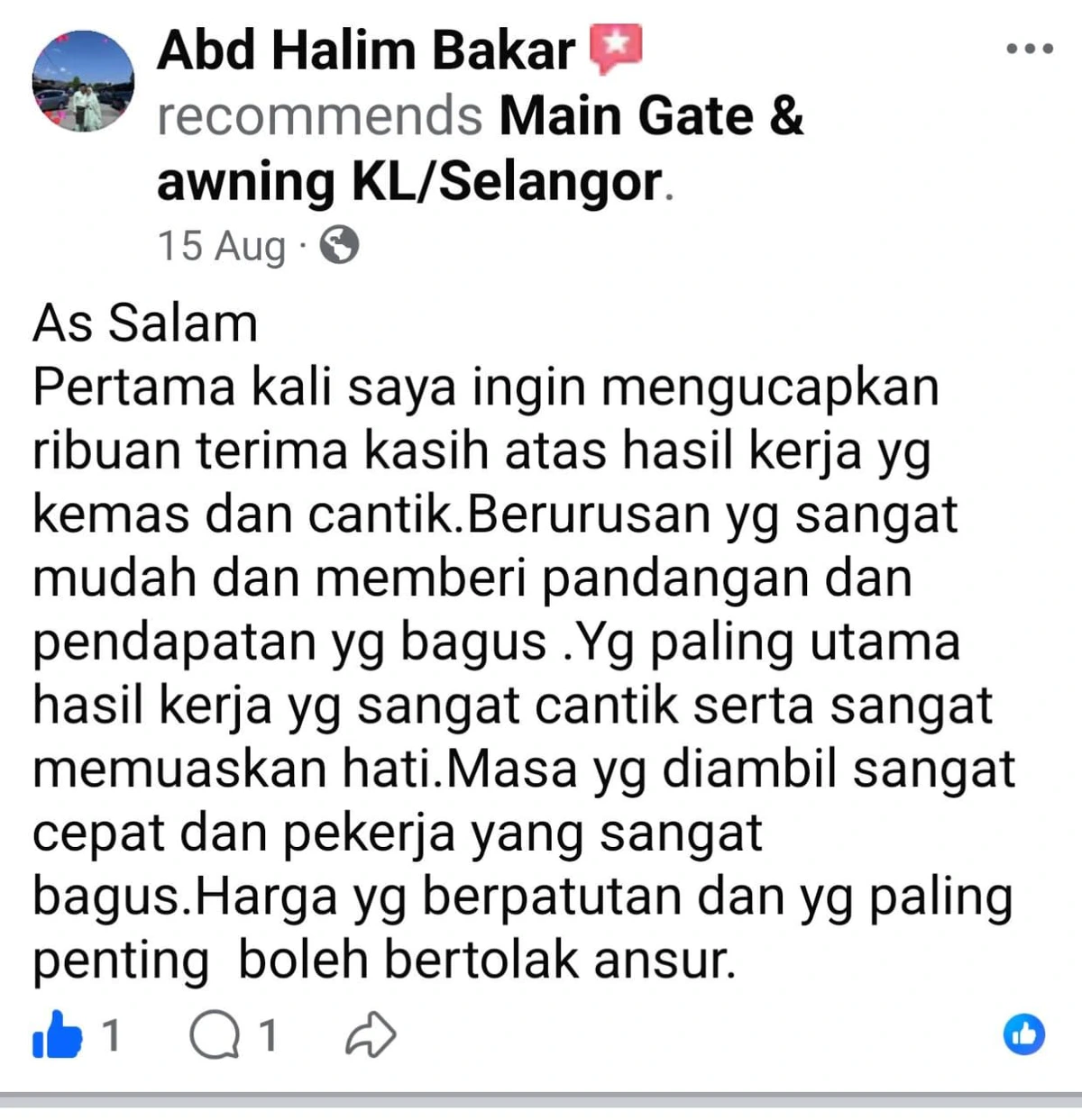 Ulasan pelanggan sebenar untuk pemasangan gate dan awning